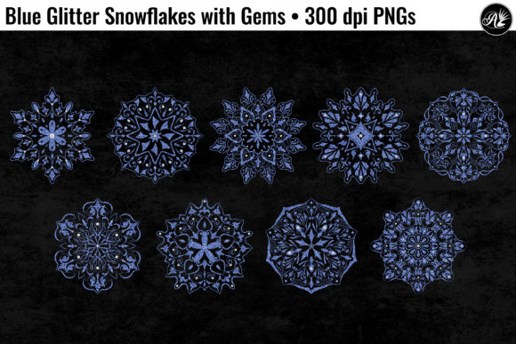 Blue Glitter Mandala Snowflakes Gems for Winter Design